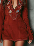 Mini Dress Women Vintage Embroidered Bell Sleeve Rust Red