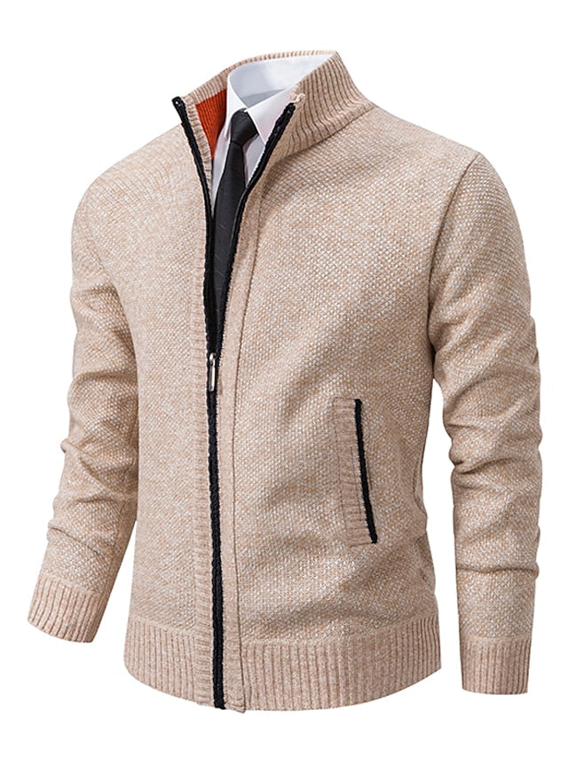 Men Ribbed Knit Full Zip Cardigan Stand Collar