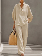 Wide Leg Linen Pants Women 2 Piece Batwing Blouse Set | Esme