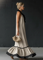 Long Summer Dress Women Cotton Linen Blend Halter Neck Ruffle Maxi
