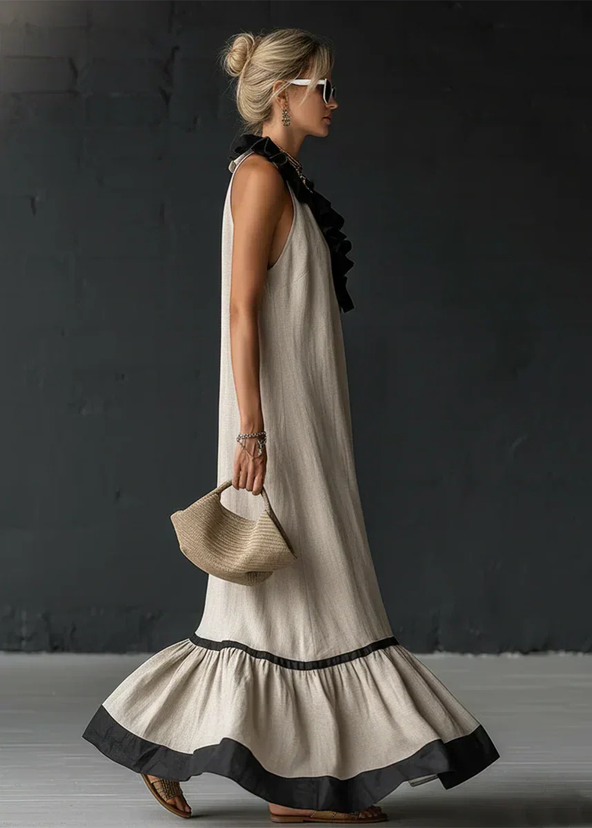 Long Summer Dress Women Cotton Linen Blend Halter Neck Ruffle Maxi