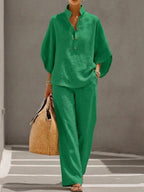 Wide Leg Linen Pants Women 2 Piece Batwing Blouse Set | Esme