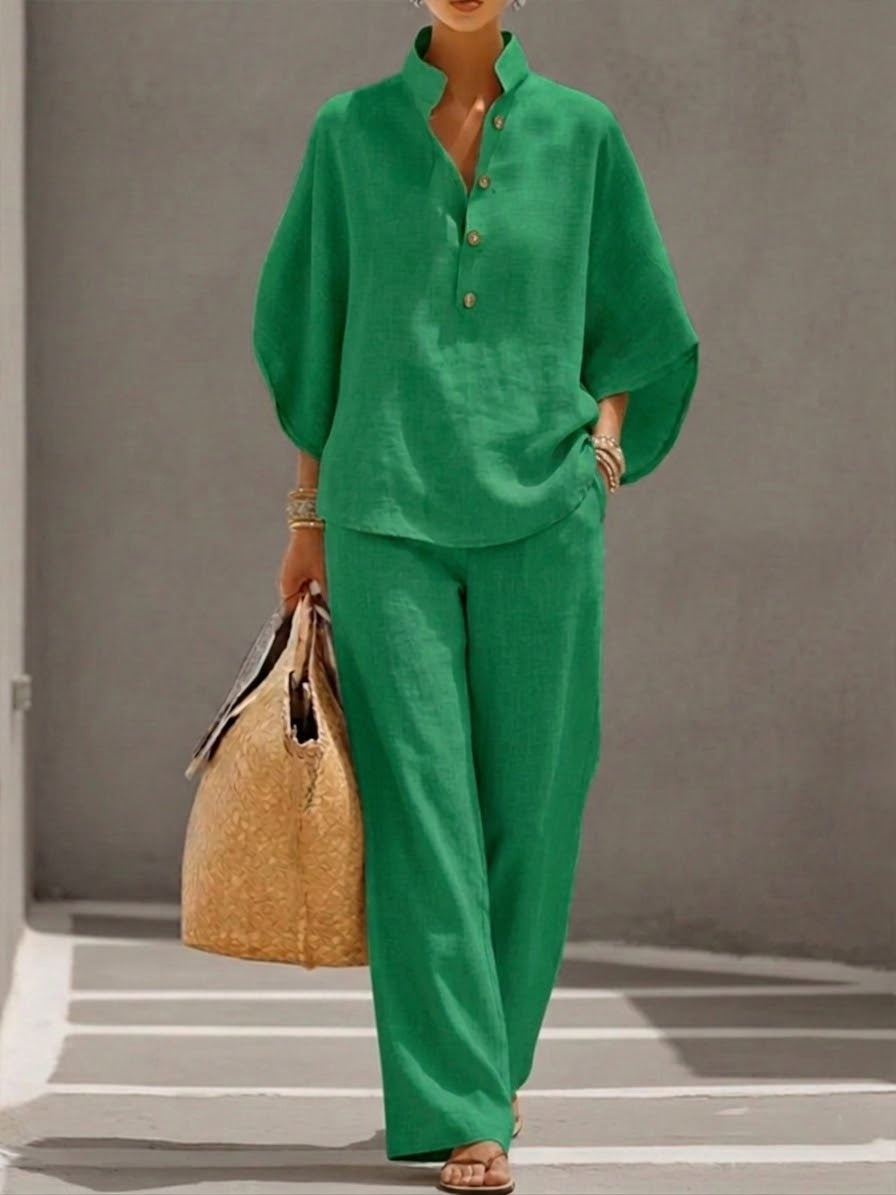 Wide Leg Linen Pants Women 2 Piece Batwing Blouse Set | Esme