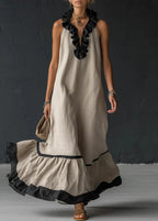 Long Summer Dress Women Cotton Linen Blend Halter Neck Ruffle Maxi