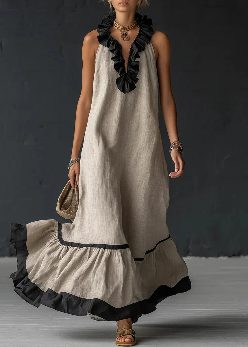 Long Summer Dress Women Cotton Linen Blend Halter Neck Ruffle Maxi