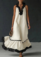 Long Summer Dress Women Cotton Linen Blend Halter Neck Ruffle Maxi