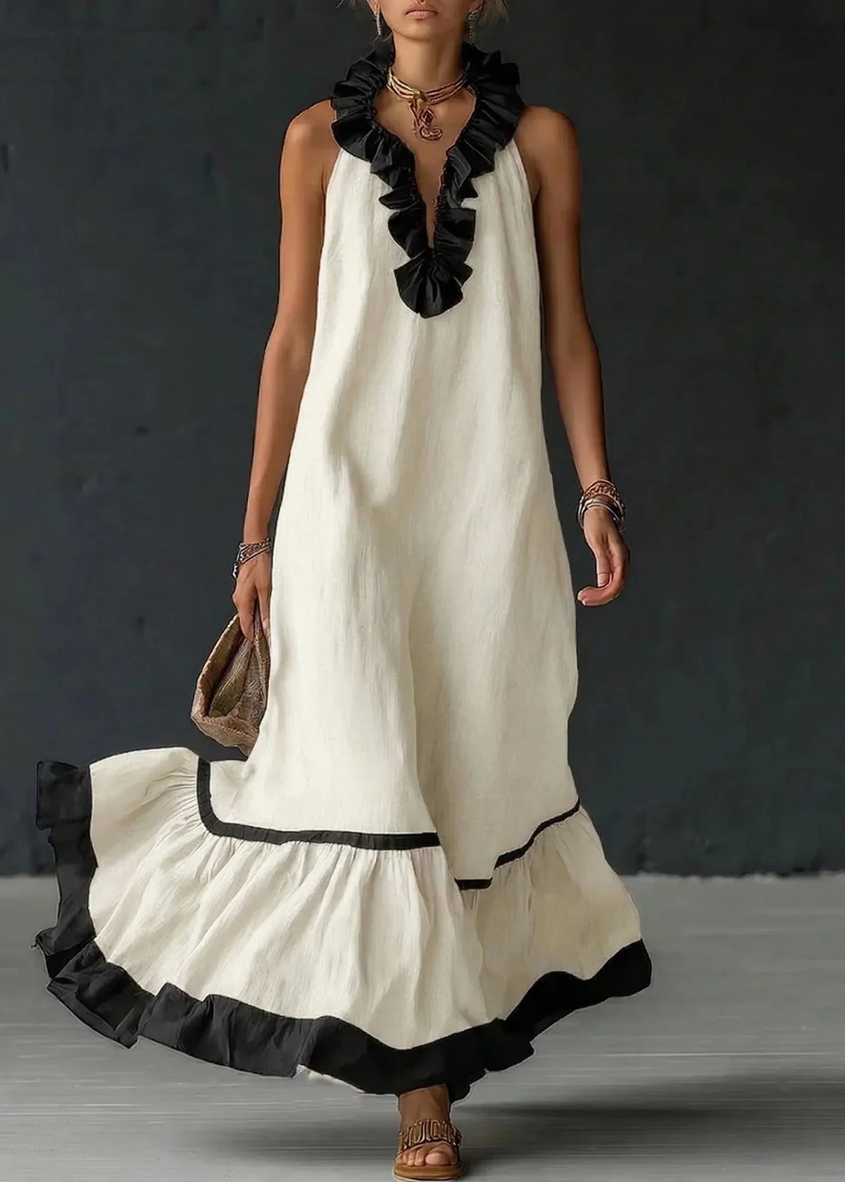 Long Summer Dress Women Cotton Linen Blend Halter Neck Ruffle Maxi