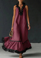 Long Summer Dress Women Cotton Linen Blend Halter Neck Ruffle Maxi
