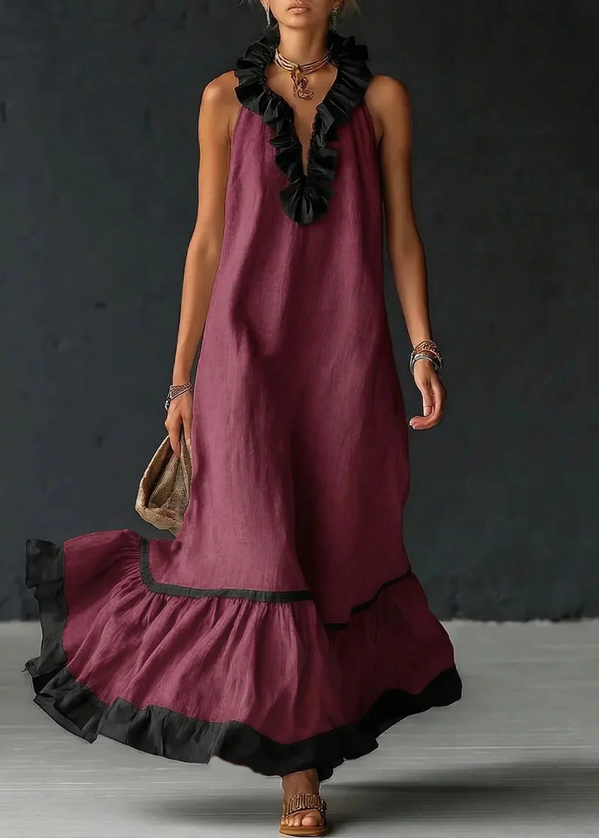Long Summer Dress Women Cotton Linen Blend Halter Neck Ruffle Maxi
