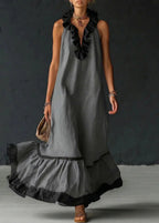 Long Summer Dress Women Cotton Linen Blend Halter Neck Ruffle Maxi