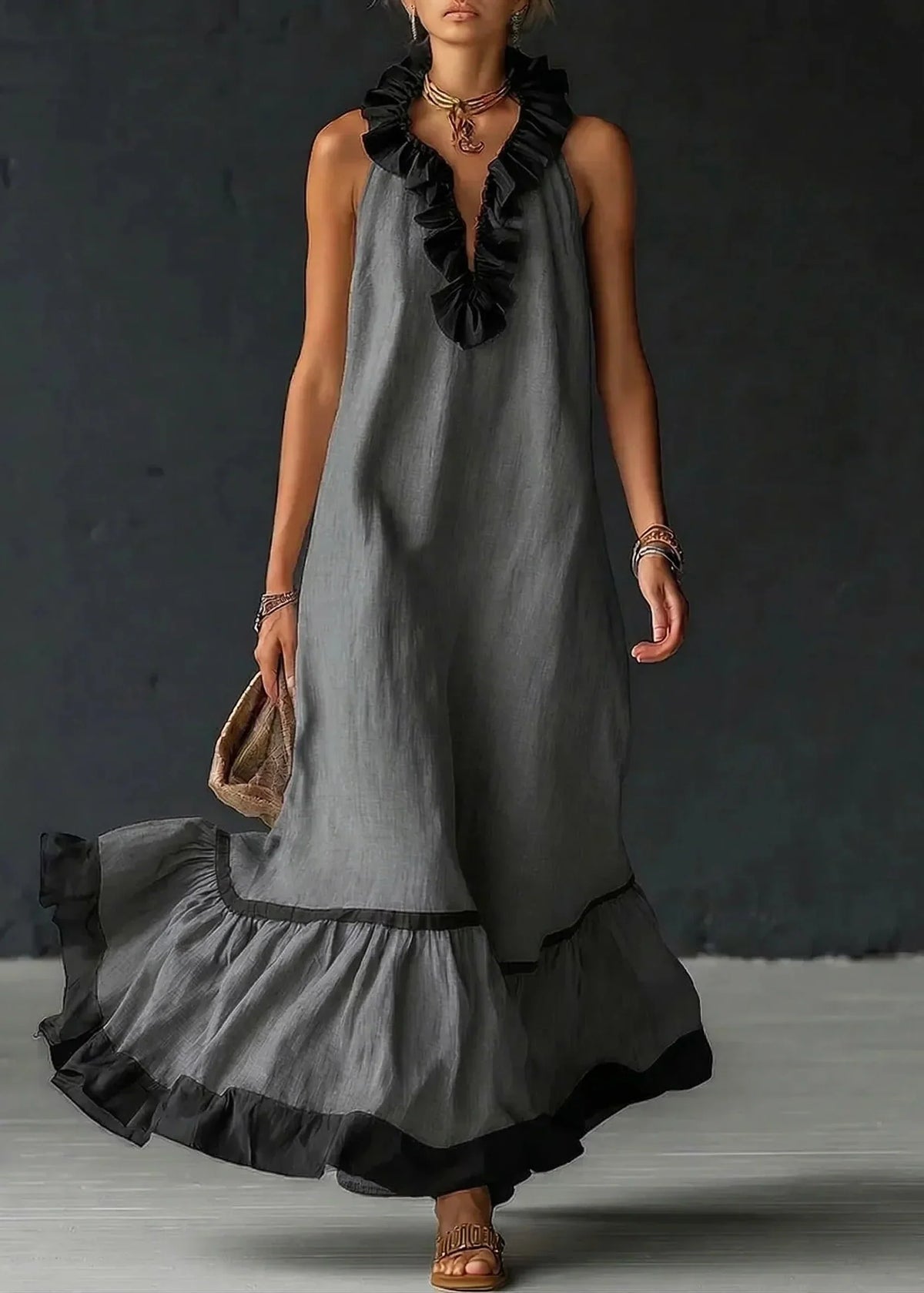 Long Summer Dress Women Cotton Linen Blend Halter Neck Ruffle Maxi