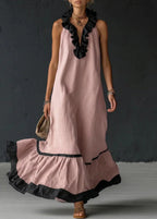 Long Summer Dress Women Cotton Linen Blend Halter Neck Ruffle Maxi