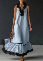Long Summer Dress Women Cotton Linen Blend Halter Neck Ruffle Maxi