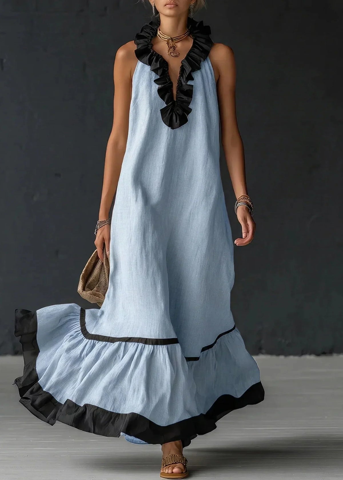 Long Summer Dress Women Cotton Linen Blend Halter Neck Ruffle Maxi