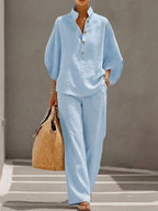 Wide Leg Linen Pants Women 2 Piece Batwing Blouse Set | Esme