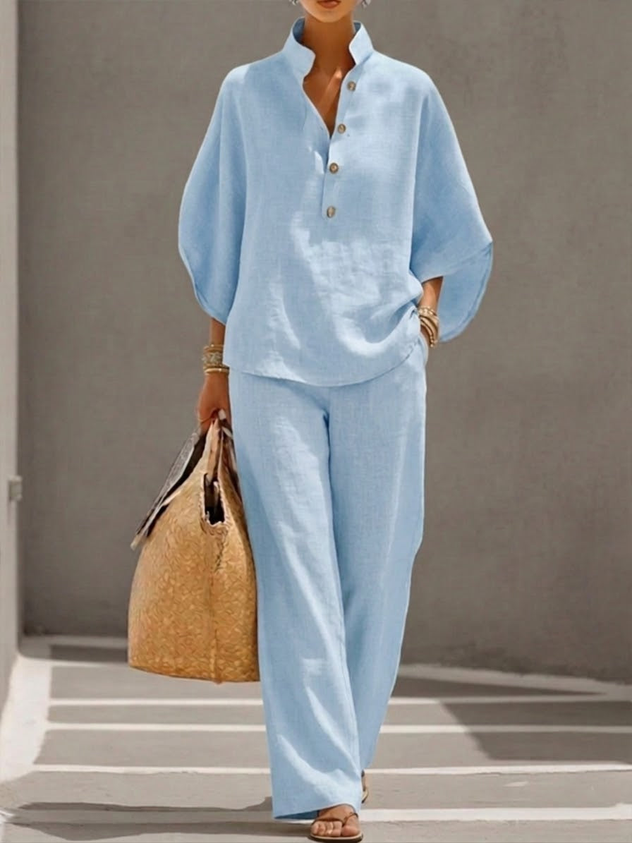 Wide Leg Linen Pants Women 2 Piece Batwing Blouse Set | Esme