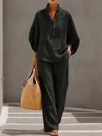 Wide Leg Linen Pants Women 2 Piece Batwing Blouse Set | Esme