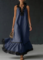 Long Summer Dress Women Cotton Linen Blend Halter Neck Ruffle Maxi
