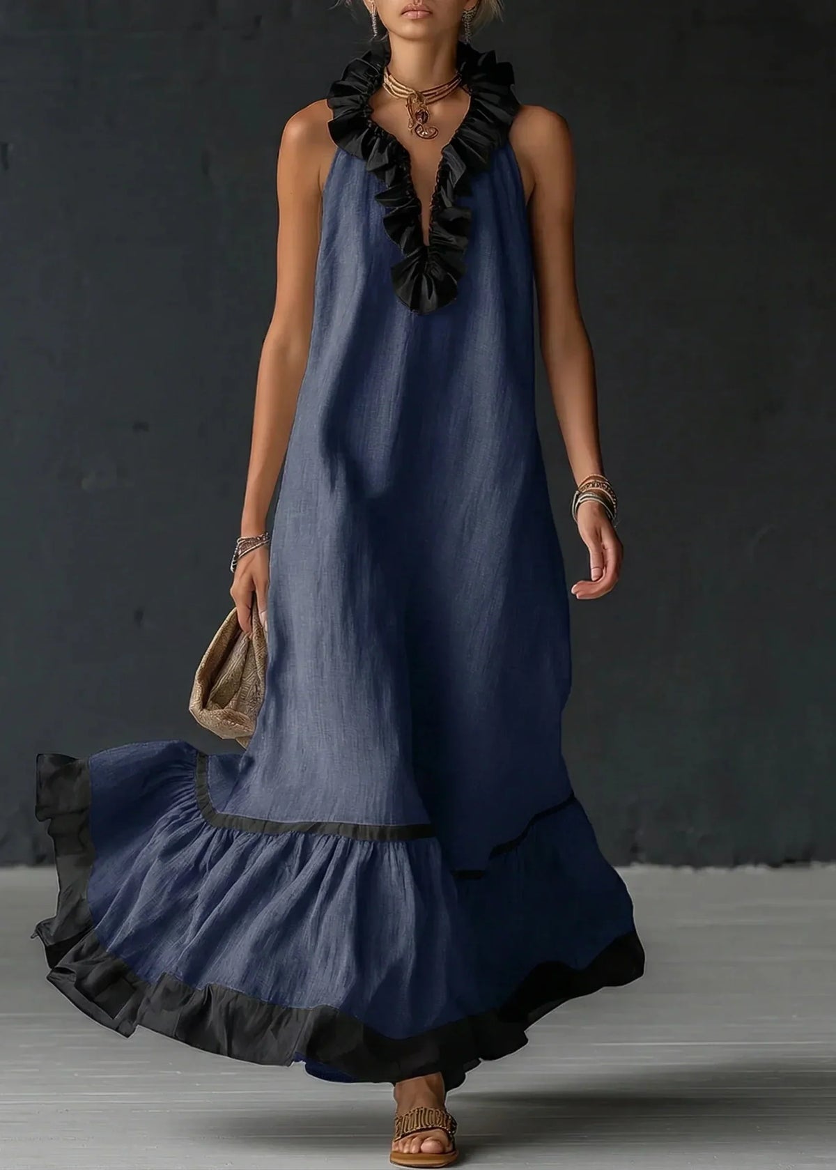 Long Summer Dress Women Cotton Linen Blend Halter Neck Ruffle Maxi