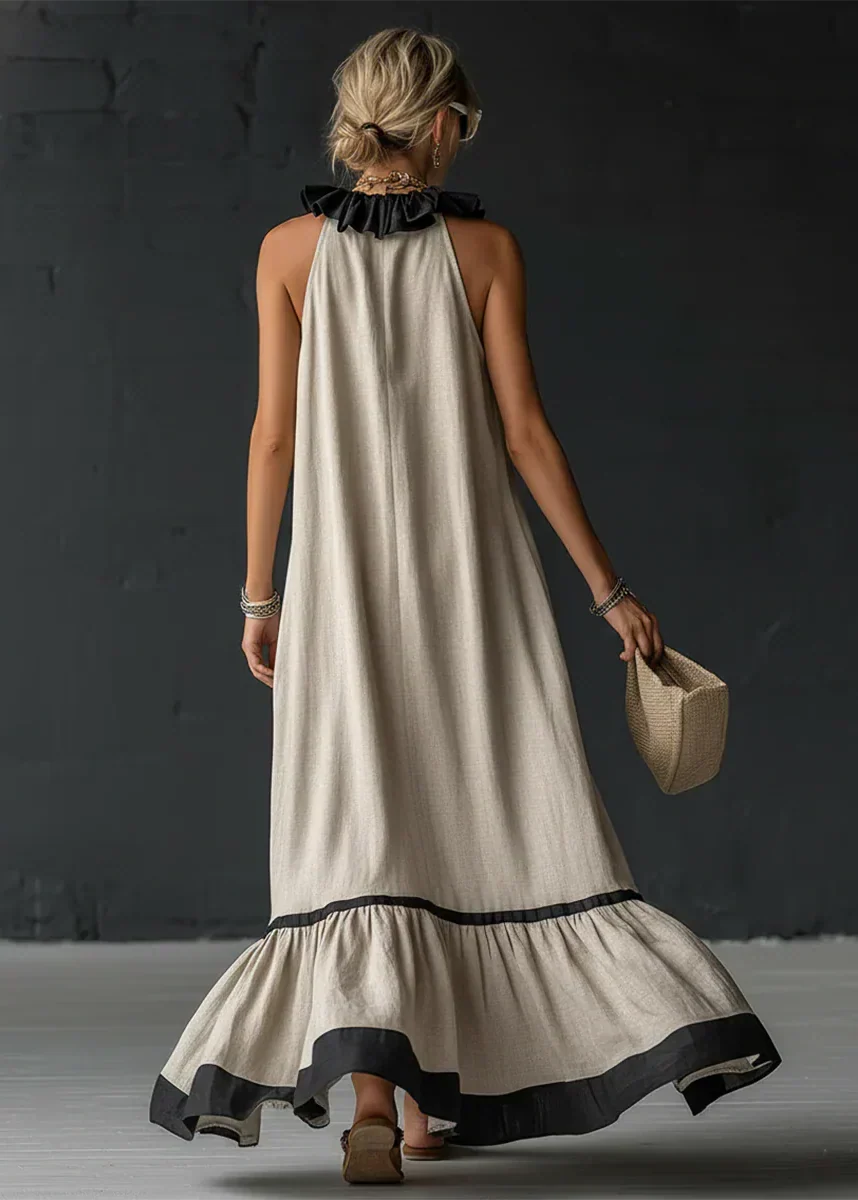 Long Summer Dress Women Cotton Linen Blend Halter Neck Ruffle Maxi