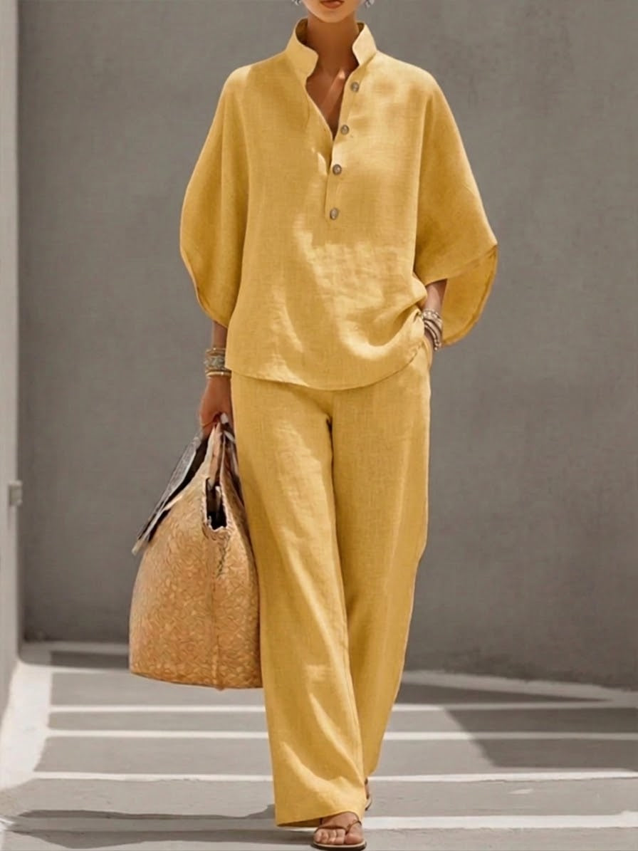Wide Leg Linen Pants Women 2 Piece Batwing Blouse Set | Esme