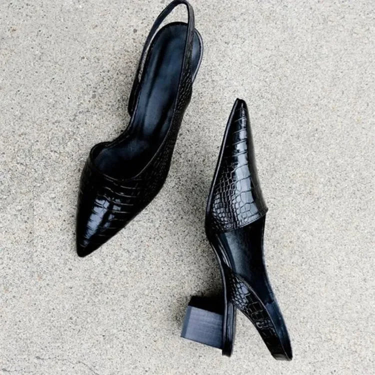 Heeled Pumps Women | Cushioned Pointed Toe Chunky Heel Croco Effect