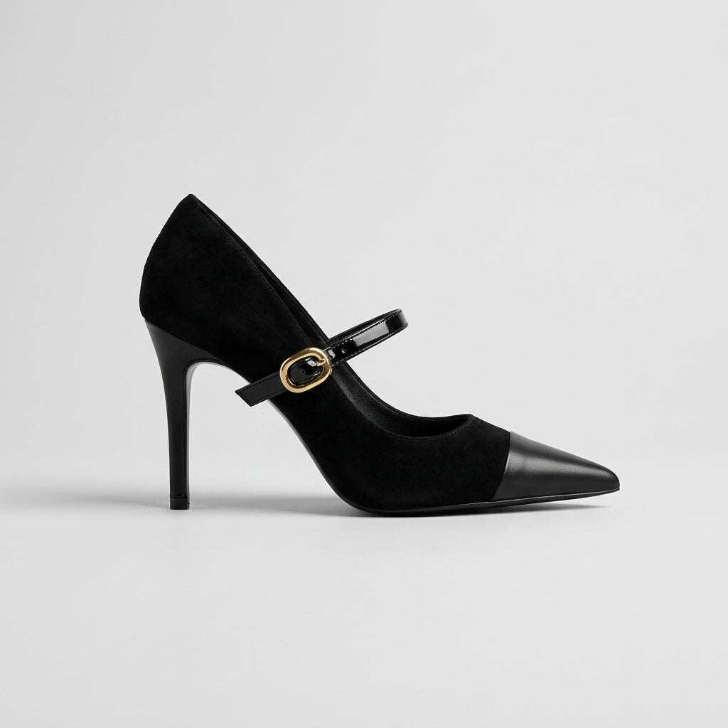 Velvet Heels | Women's Leather Mary Jane Pointed Toe Stiletto Pumps