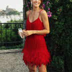Cocktail Dress Women Sequin Feather Hem Above Knee Length Stretch