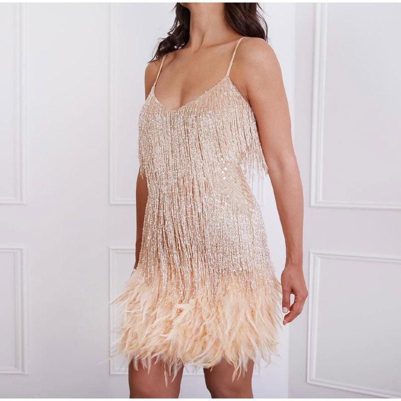Cocktail Dress Women Sequin Feather Hem Above Knee Length Stretch
