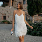 Cocktail Dress Women Sequin Feather Hem Above Knee Length Stretch