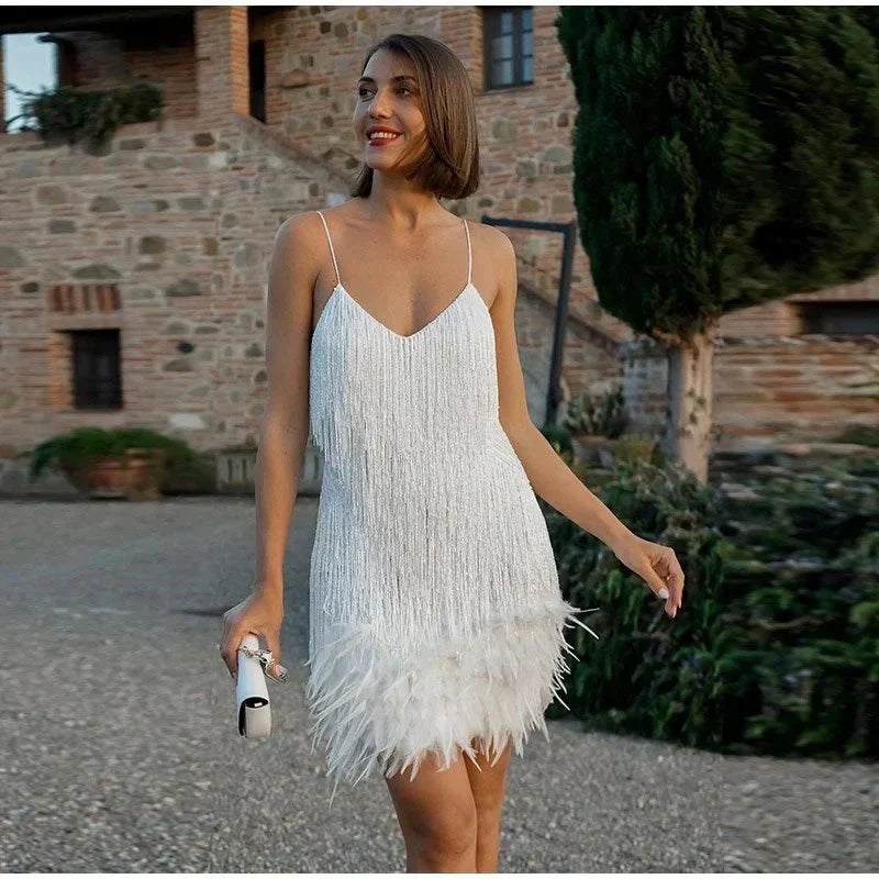 Cocktail Dress Women Sequin Feather Hem Above Knee Length Stretch