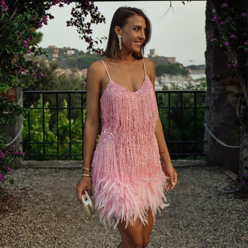 Cocktail Dress Women Sequin Feather Hem Above Knee Length Stretch