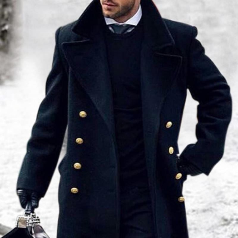 Ximena | Men's Double-Breasted Long Coat | Navy Blue, Lapel Collar | Winter