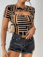 Aria | Women's T-Shirt | V-Neckline, Black/Beige, Elegant Fit