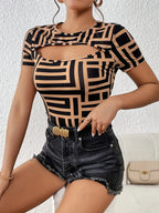 Aria | Women's T-Shirt | V-Neckline, Black/Beige, Elegant Fit