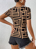 Aria | Women's T-Shirt | V-Neckline, Black/Beige, Elegant Fit