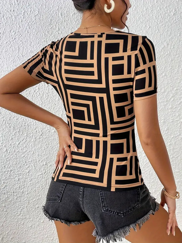Aria | Women's T-Shirt | V-Neckline, Black/Beige, Elegant Fit