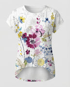 Greta | Women's Summer Blouse | Watercolor Floral Print, Asymmetric Hem | Loose Fit