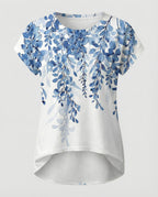 Greta | Women's Summer Blouse | Watercolor Floral Print, Asymmetric Hem | Loose Fit