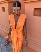 Cocktail Dress Women Draped Fitted Sleeveless V Neck High Slit