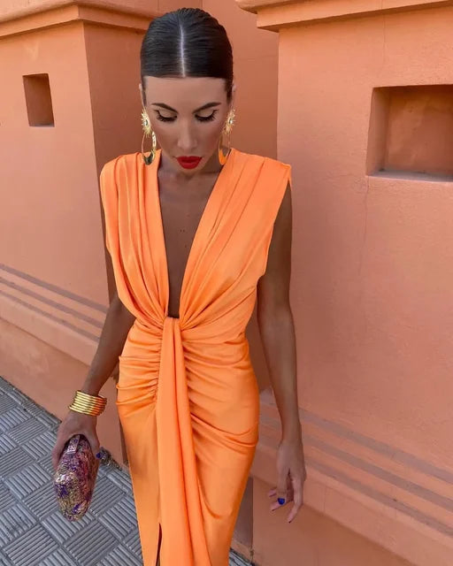 Cocktail Dress Women Draped Fitted Sleeveless V Neck High Slit