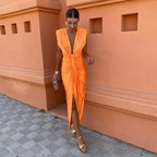 Cocktail Dress Women Draped Fitted Sleeveless V Neck High Slit