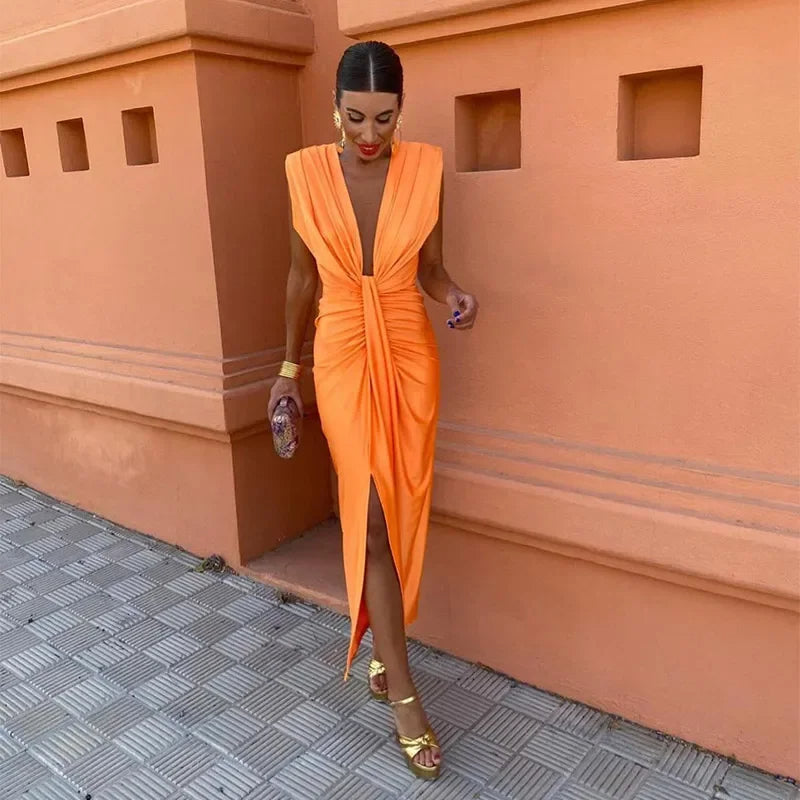 Cocktail Dress Women Draped Fitted Sleeveless V Neck High Slit