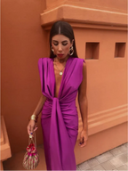 Cocktail Dress Women Draped Fitted Sleeveless V Neck High Slit