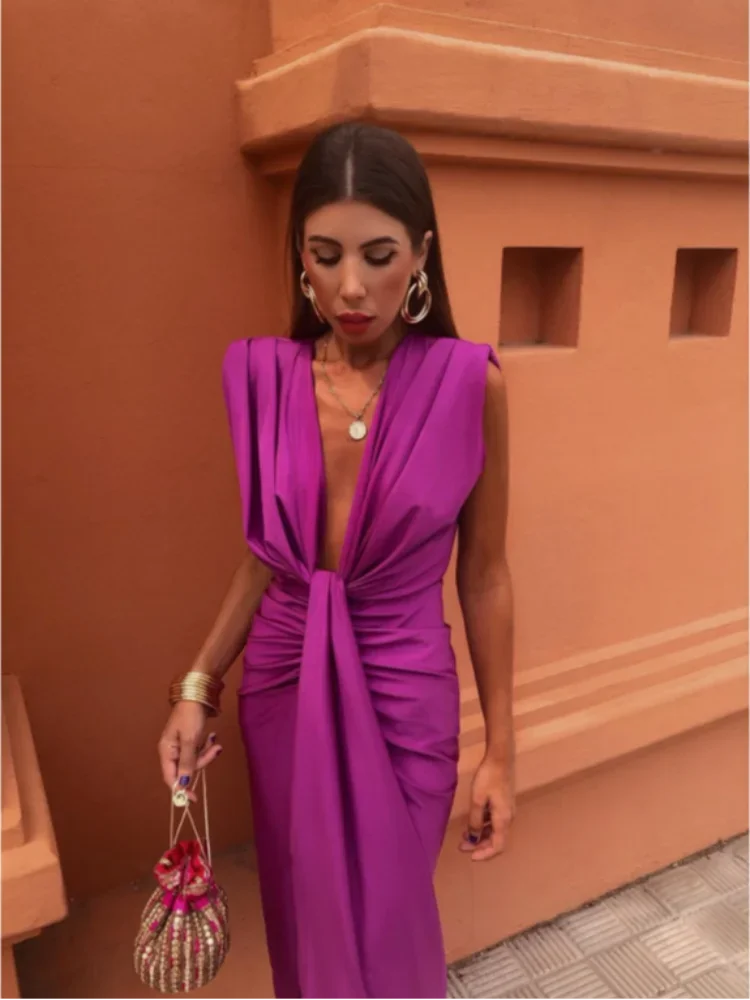 Cocktail Dress Women Draped Fitted Sleeveless V Neck High Slit