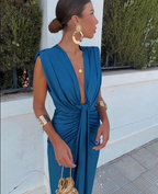 Cocktail Dress Women Draped Fitted Sleeveless V Neck High Slit