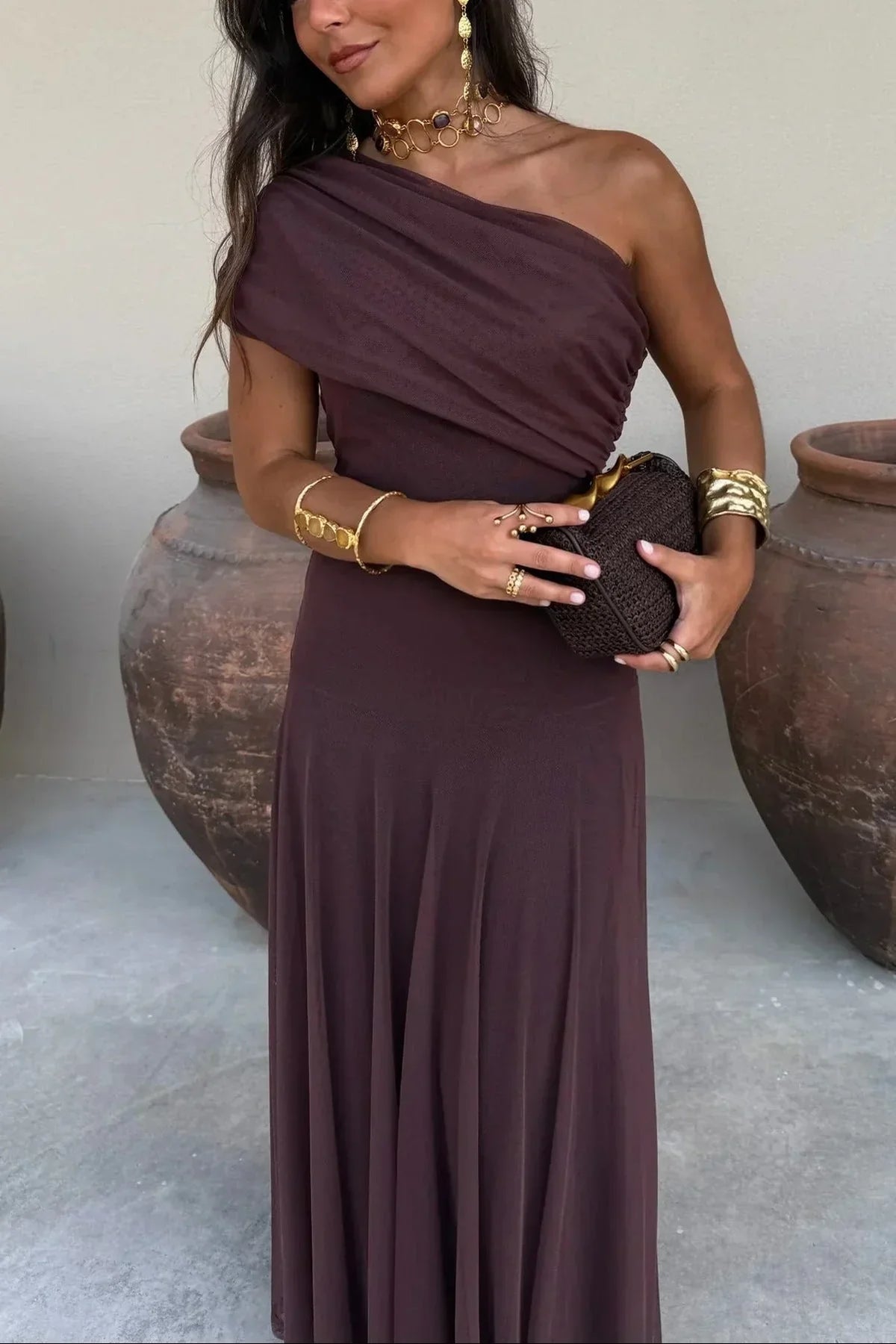 Women off shoulder maxi dress flowing full length silhouette