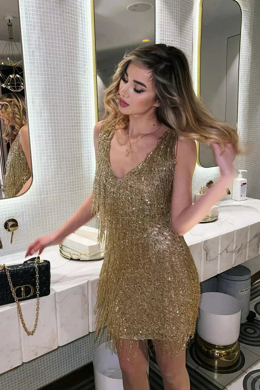 Christmas Outfit Women Full Sequin Embellished Mini Party Dress