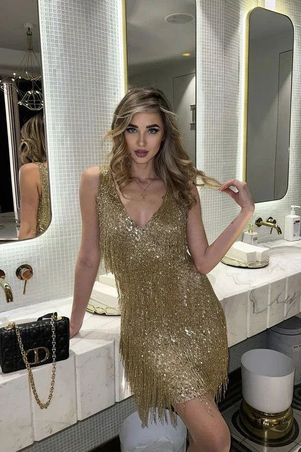 Christmas Outfit Women Full Sequin Embellished Mini Party Dress