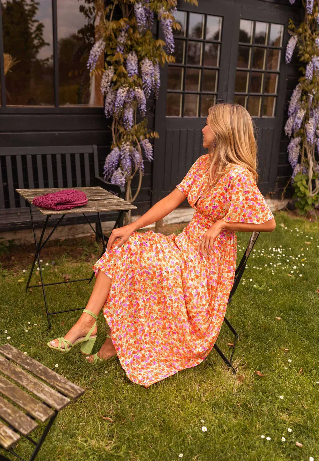 Solveig | Women's Floral Maxi Dress | Short Flutter Sleeves, V-Neck